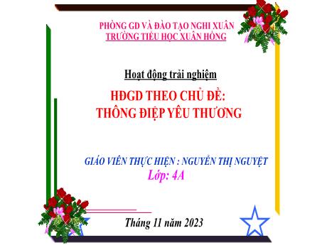Bài giảng Hoạt động trải nghiệm 4 (Kết nối tri thức) - Chủ đề: Thông điệp yêu thương - Năm học 2023-2024 - Nguyễn Thị Nguyệt